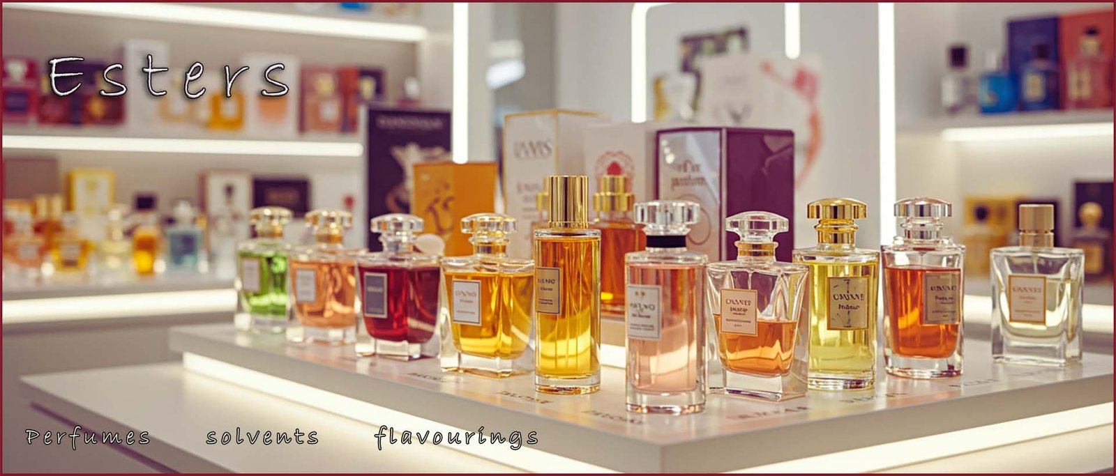 esters page header imae- expensive perfumes on display.